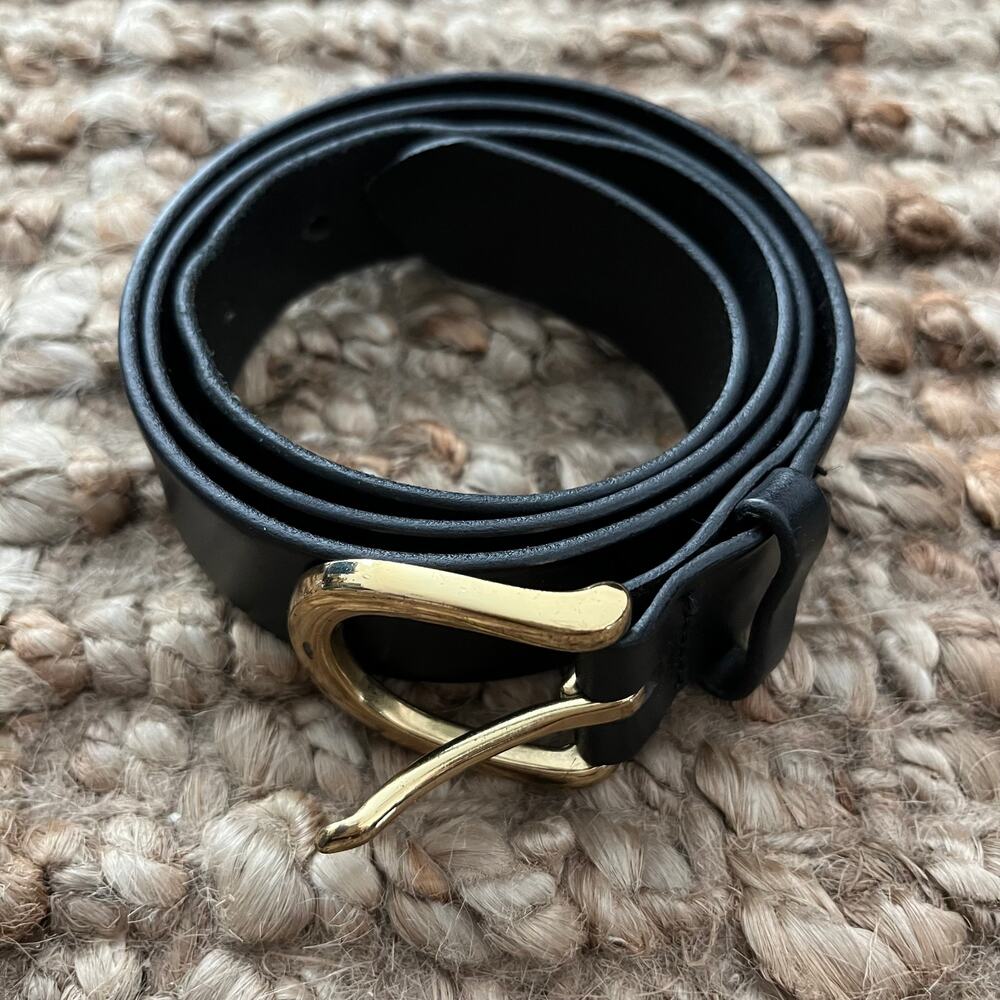 J.Crew Italian Leather Belt Black Gold Buckle Size S Made in USA Classic EUC